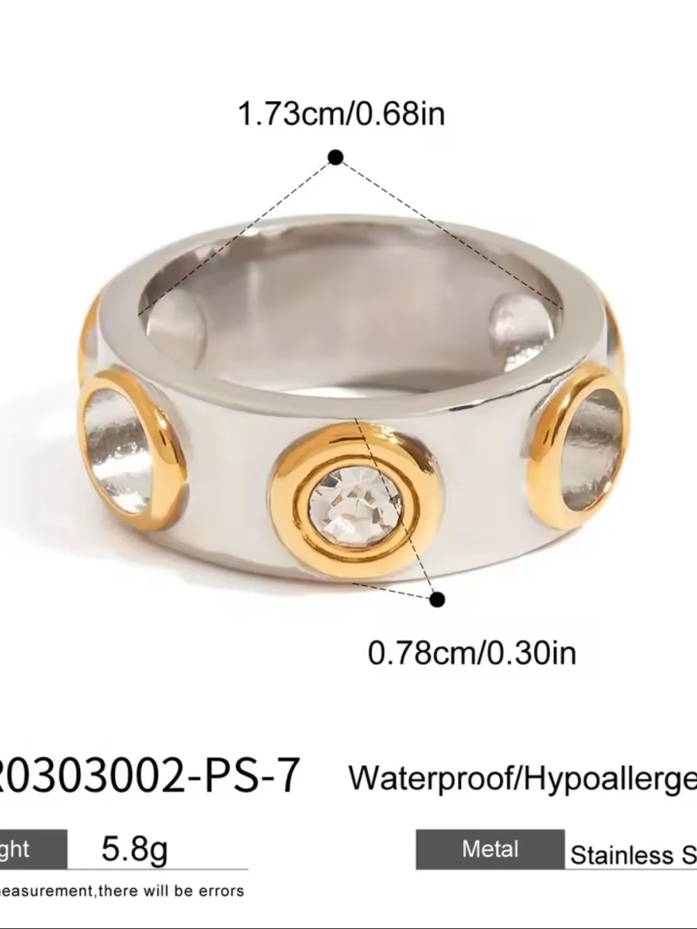 Silver Band Ring with Gold Bezel and Clear Crystal